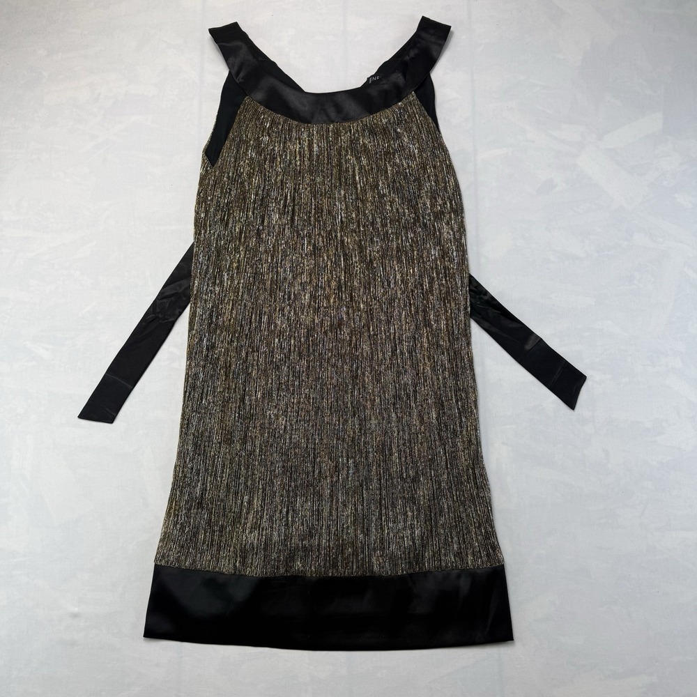 Metallic Gold Pleated Dress Black Satin Trim Sleeveless Party Cocktail 14
